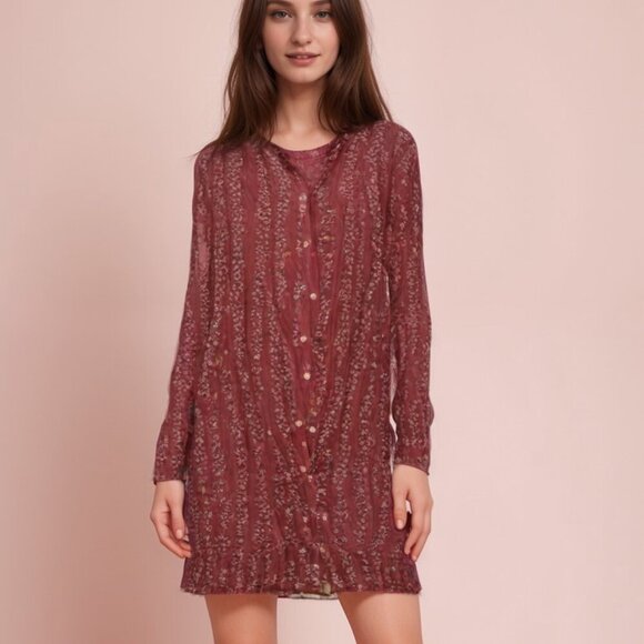 Free People Womens Floral Button Front Ruffle Trim Pintuck Shirt Dress Red Sz M - Picture 1 of 7